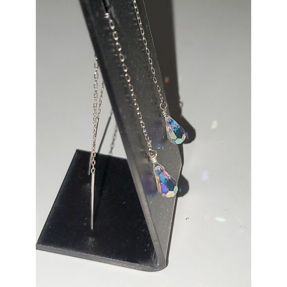 Crystal Dangle Drop Earrings Threader Chain AB Coated Glass Evening Elegant - Picture 6 of 7